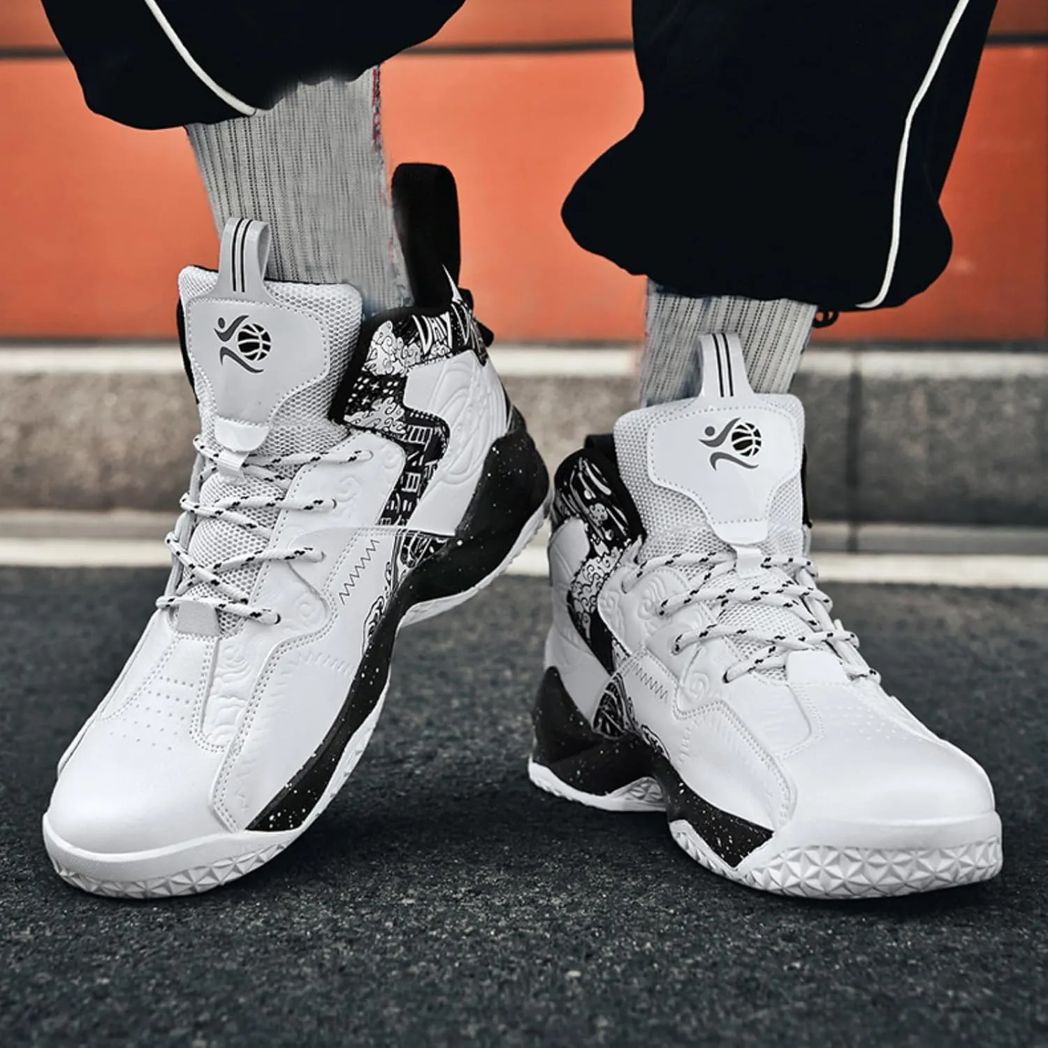 Men's Breathable Leather Lace Up Cushioning Basketball Shoes Fashion High-Top Non-Slip Sneakers Casual for Gym Sports Tennis Jogging Running Walking