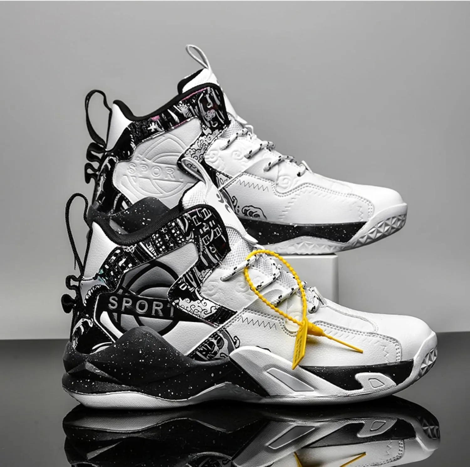 Men's Breathable Leather Lace Up Cushioning Basketball Shoes Fashion High-Top Non-Slip Sneakers Casual for Gym Sports Tennis Jogging Running Walking