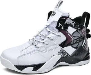 Men's Breathable Leather Lace Up Cushioning Basketball Shoes Fashion High-Top Non-Slip Sneakers Casual for Gym Sports Tennis Jogging Running Walking