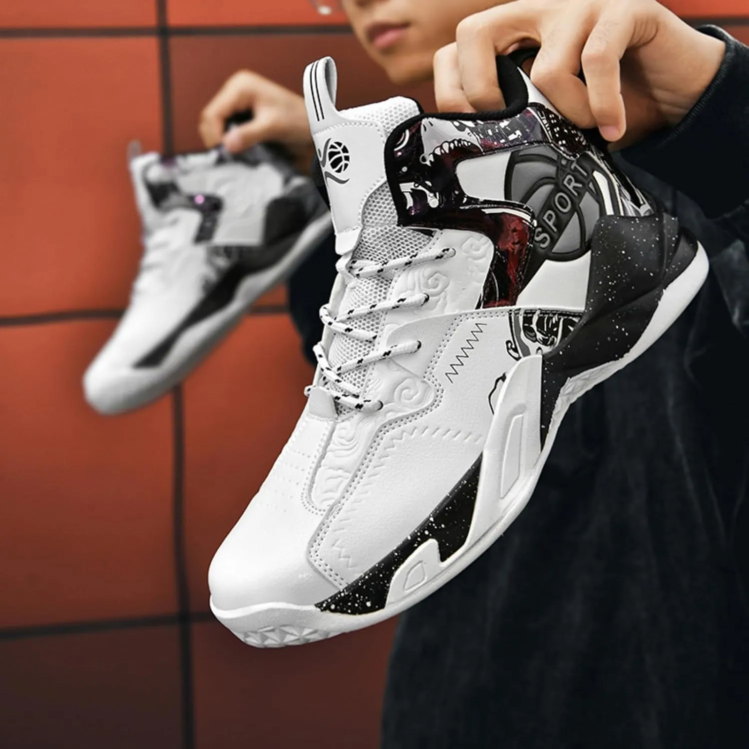 Men's Breathable Leather Lace Up Cushioning Basketball Shoes Fashion High-Top Non-Slip Sneakers Casual for Gym Sports Tennis Jogging Running Walking