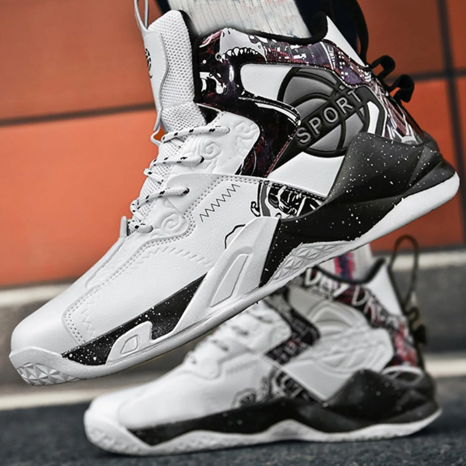 Men's Breathable Leather Lace Up Cushioning Basketball Shoes Fashion High-Top Non-Slip Sneakers Casual for Gym Sports Tennis Jogging Running Walking